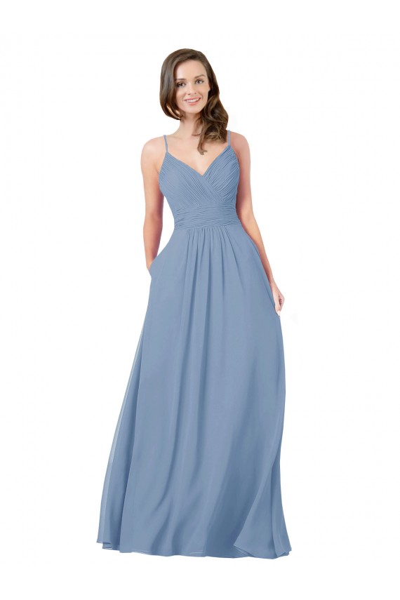 Staubiges Blau A-Linien V-Ausschnitt Chiffon Lange Brautjungfernkleider Hersteller