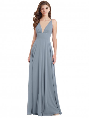 Staubiges Blau A-Linien V-Ausschnitt Chiffon Lange Brautjungfernkleider Hersteller