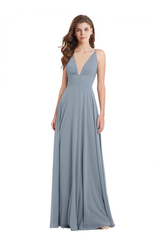 Staubiges Blau A-Linien V-Ausschnitt Chiffon Lange Brautjungfernkleider Hersteller