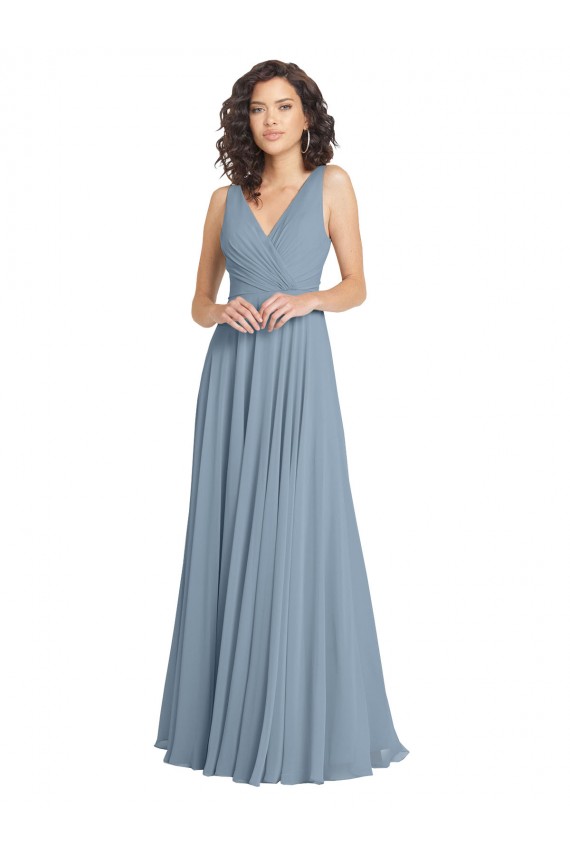 Staubiges Blau A-Linien V-Ausschnitt Chiffon Lange Brautjungfernkleider Hersteller
