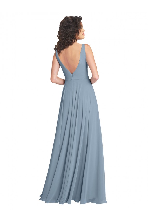 Staubiges Blau A-Linien V-Ausschnitt Chiffon Lange Brautjungfernkleider Hersteller