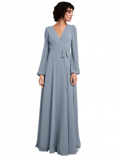 Staubiges Blau A-Linien V-Ausschnitt Chiffon Lange Brautjungfernkleider Hersteller