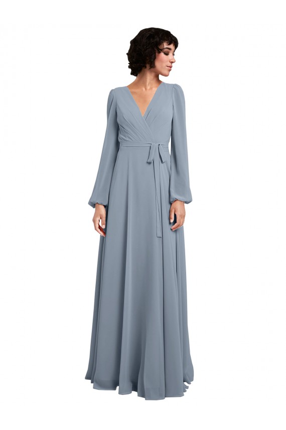 Staubiges Blau A-Linien V-Ausschnitt Chiffon Lange Brautjungfernkleider Hersteller