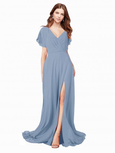 Staubiges Blau A-Linien V-Ausschnitt Chiffon Lange Brautjungfernkleider / Abiballkleider Hersteller