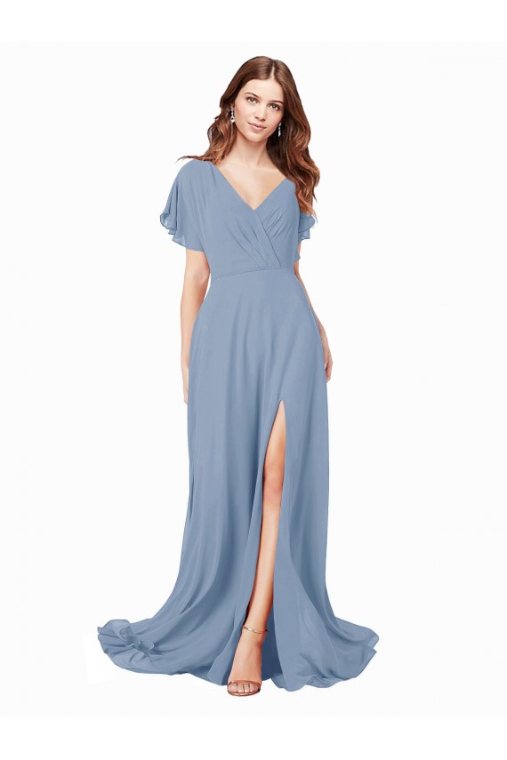 Staubiges Blau A-Linien V-Ausschnitt Chiffon Lange Brautjungfernkleider / Abiballkleider Hersteller