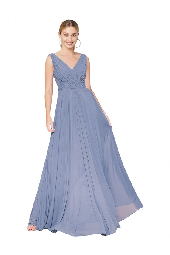 Staubiges Blau A-Linien V-Ausschnitt Chiffon Lange Formale Brautjungfernkleider / Abendkleider / Abiballkleider Hersteller
