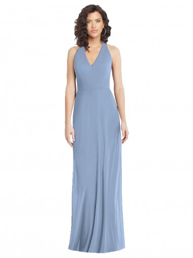 Staubiges Blau Trompete Neckholder V-Ausschnitt Chiffon Lange Formale Brautjungfernkleider / Abendkleider Hersteller