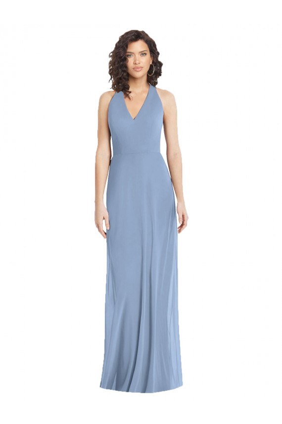 Staubiges Blau Trompete Neckholder V-Ausschnitt Chiffon Lange Formale Brautjungfernkleider / Abendkleider Hersteller