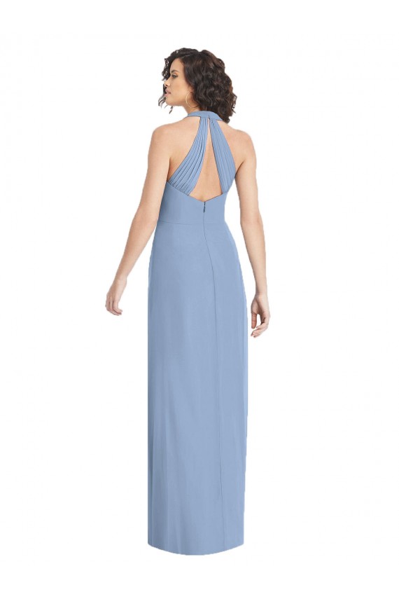 Staubiges Blau Trompete Neckholder V-Ausschnitt Chiffon Lange Formale Brautjungfernkleider / Abendkleider Hersteller