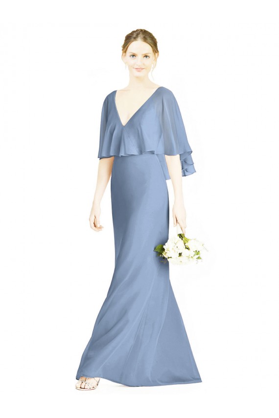 Staubiges Blau Trompete V-Ausschnitt Chiffon Lange Brautjungfernkleider Hersteller