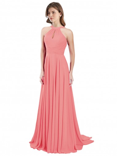 Wassermelone A-Linien Neckholder Chiffon Lange Brautjungfernkleider Hersteller