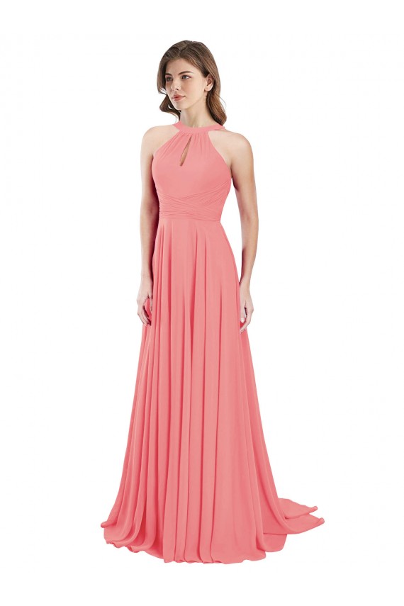 Wassermelone A-Linien Neckholder Chiffon Lange Brautjungfernkleider Hersteller