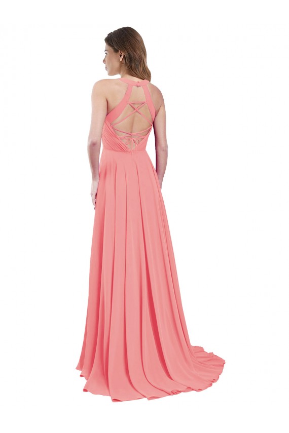 Wassermelone A-Linien Neckholder Chiffon Lange Brautjungfernkleider Hersteller