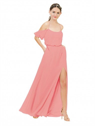 Wassermelone A-Linien Off-Schulter Chiffon Lange Brautjungfernkleider Hersteller