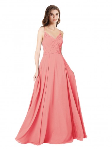 Wassermelone A-Linien V-Ausschnitt Chiffon Lange Brautjungfernkleider Hersteller