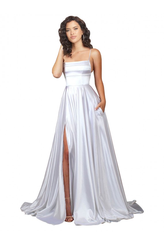 Weiß A-Linien Spaghetti-Träger Stretch-Satin Einfache Strand Brautkleider Hersteller