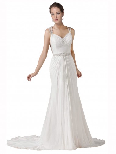 Weiß Etui Kapelle-schleppe Chiffon Strand Brautkleider Hersteller