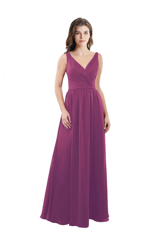 Wilde Beere A-Linien V-Ausschnitt Chiffon Lange Brautjungfernkleider Hersteller