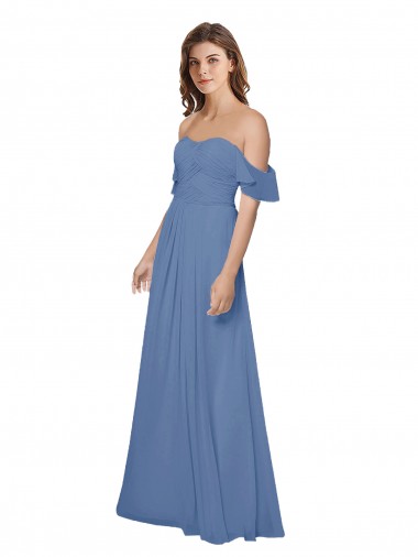 Windsor Blau A-Linien Off-Schulter Trägerlos Chiffon Lange Brautjungfernkleider Hersteller