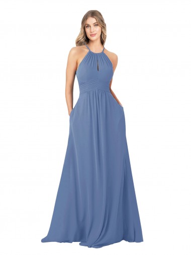 Windsor Blau A-Linien Stehkragen Ausschnitt Chiffon Lange Brautjungfernkleider Hersteller