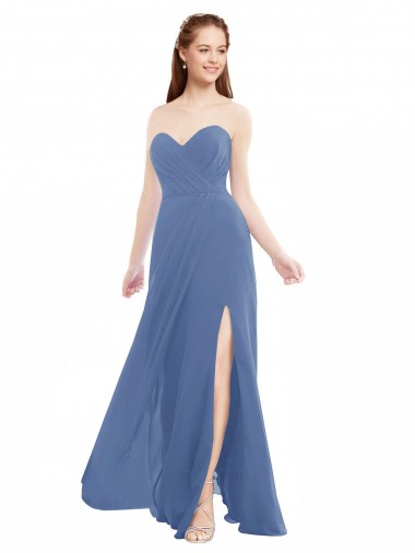 Windsor Blau A-Linien Trägerlos Chiffon Lange Brautjungfernkleider Hersteller