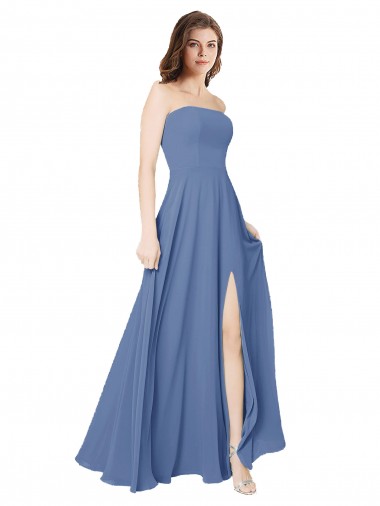 Windsor Blau A-Linien Trägerlos Chiffon Lange Brautjungfernkleider Hersteller