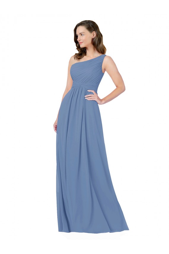 Windsor Blau Etui Eine-Schulter Chiffon Lange Brautjungfernkleider Hersteller